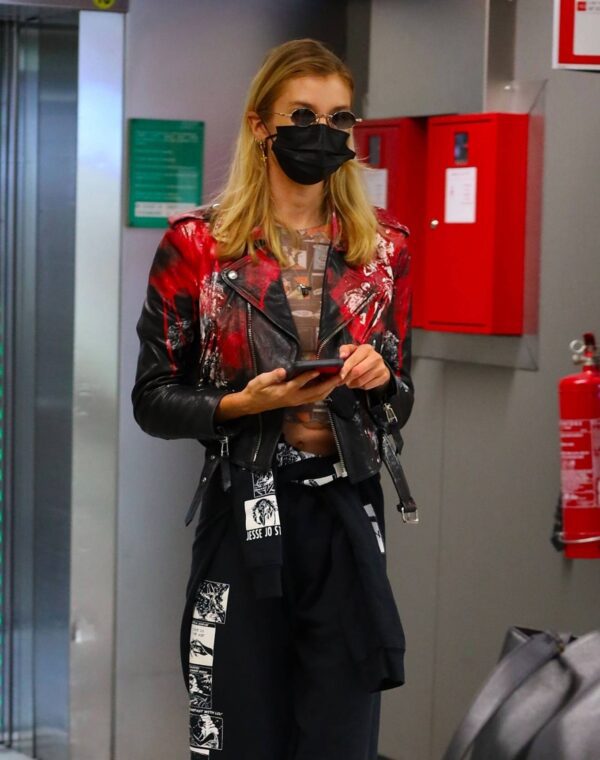 Stella Maxwell Black And Red Printed Leather Jacket
