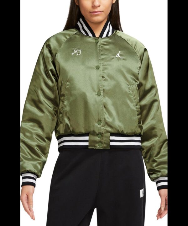 MJ Sky Light Olive Satin Varsity Jacket