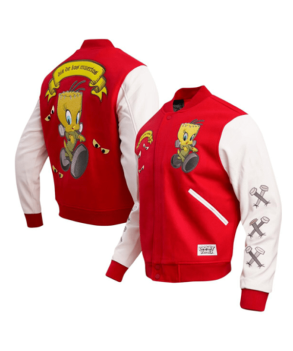 Men’s Red Looney Tunes Franken Tweety Varsity Full-snap Jacket