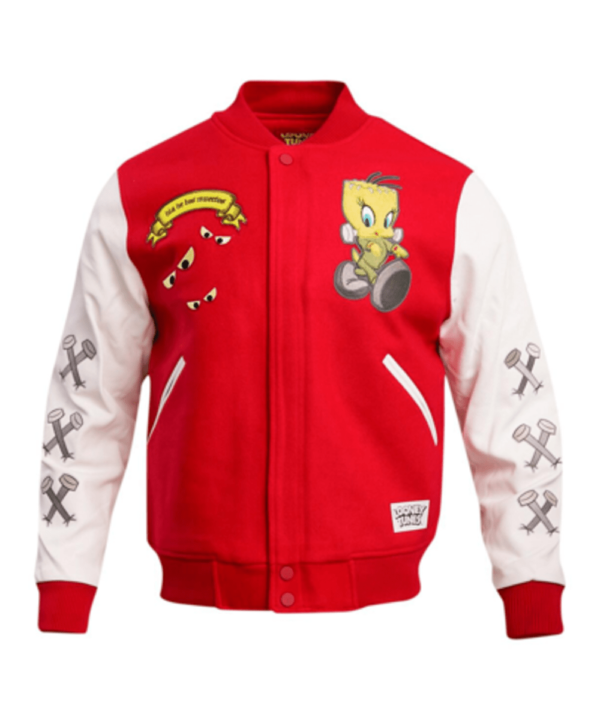 Men’s Red Looney Tunes Franken Tweety Varsity Full-snap Jacket