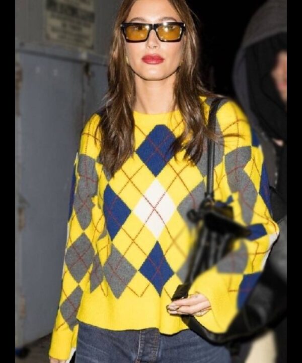 Hailey Bieber Yellow Argyle Sweater