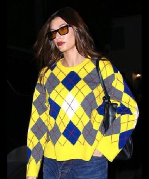 Hailey Bieber Yellow Argyle Sweater