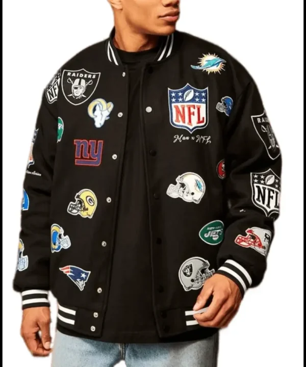 Nfl Oversized Melton Multi Badge Bomber Jacket