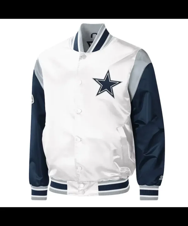 Warm-Up Pitch Dallas Cowboys White and Blue Varsity Satin Jacket