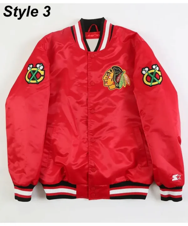 Chicago Blackhawks Red and Black Satin Varsity Jacket