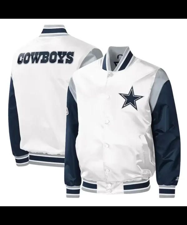 Warm-Up Pitch Dallas Cowboys White and Blue Varsity Satin Jacket