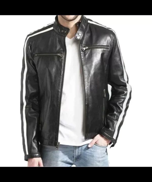 White Striped Black Cafe Racer Jacket