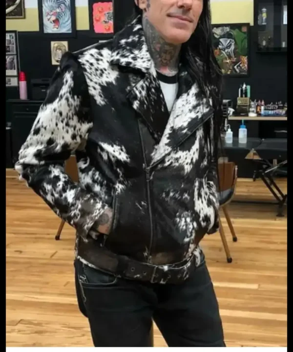 Cowhide Black And White Biker Fur Jacket