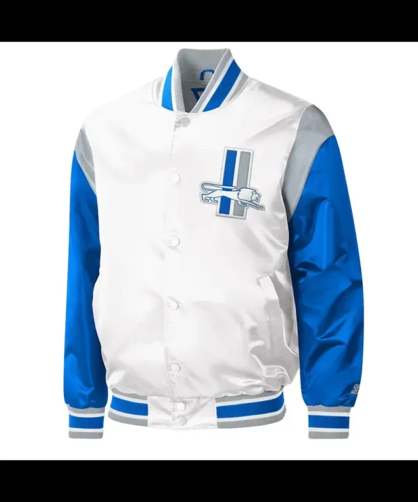 Throwback Warm Up Pitch Detroit Lions Varsity Satin Jacket