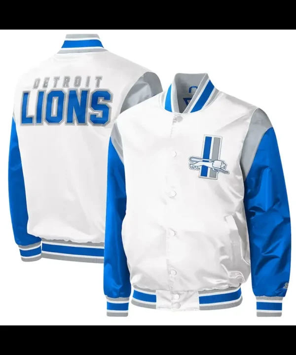 Throwback Warm Up Pitch Detroit Lions Varsity Satin Jacket