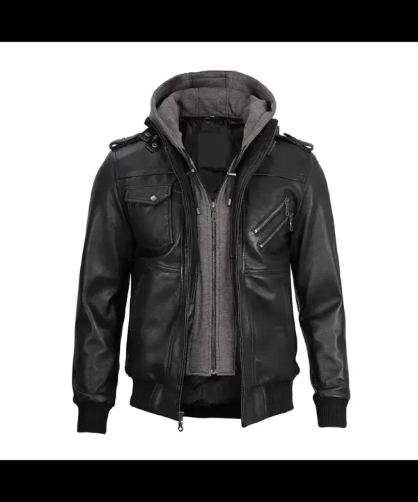 Ferndale Black Leather Bomber Jacket with Hood