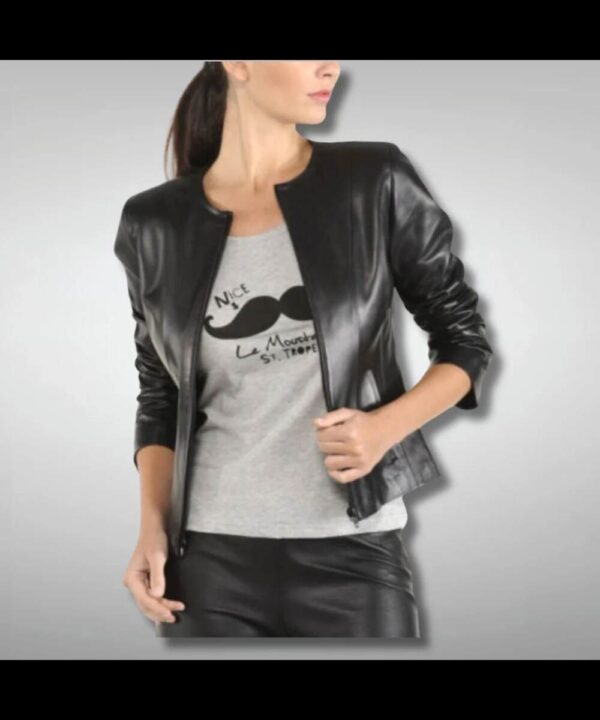 Women's Black Collarless Leather Motorcycle Jacket