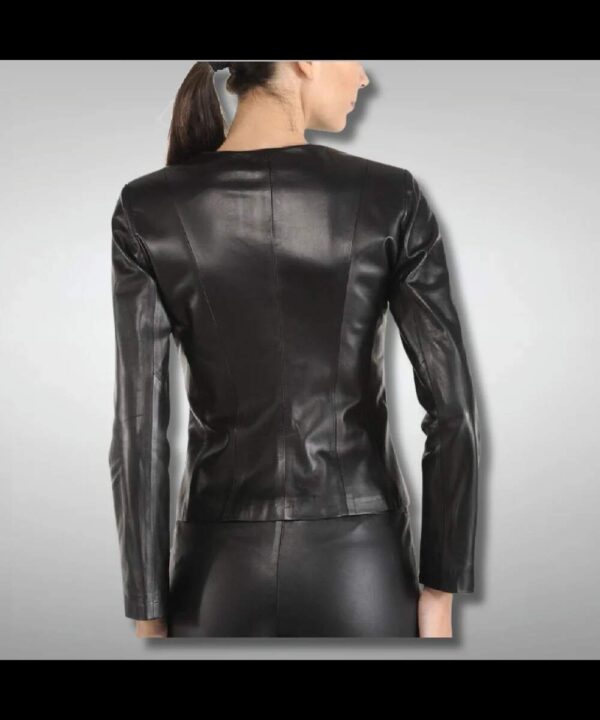 Women's Black Collarless Leather Motorcycle Jacket