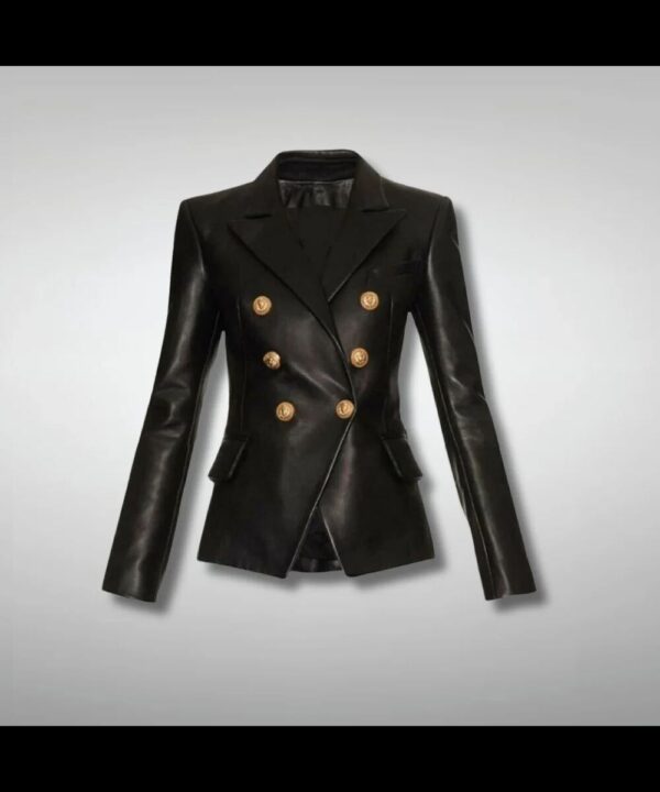 Women's Fashion Double Breasted Slim Fit Black Leather Blazer