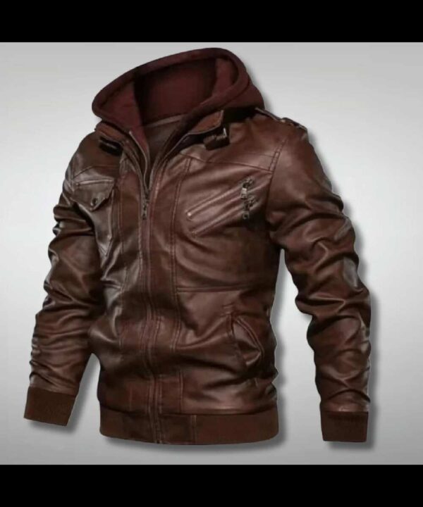 Men's Brown Biker Jacket with Removable Hood