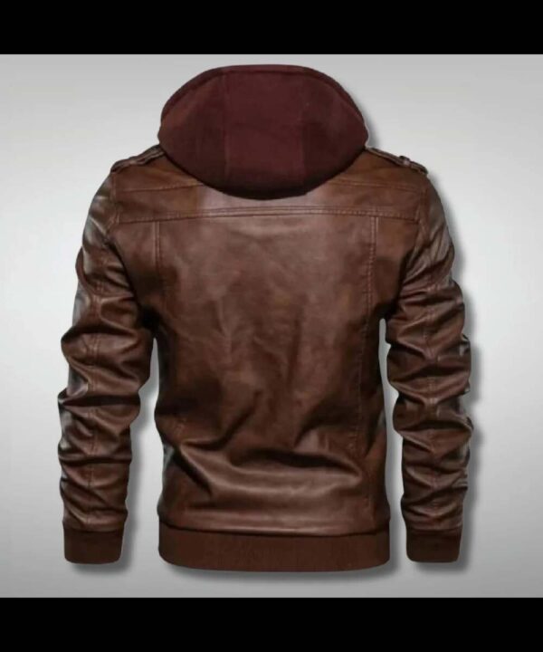 Men's Brown Biker Jacket with Removable Hood