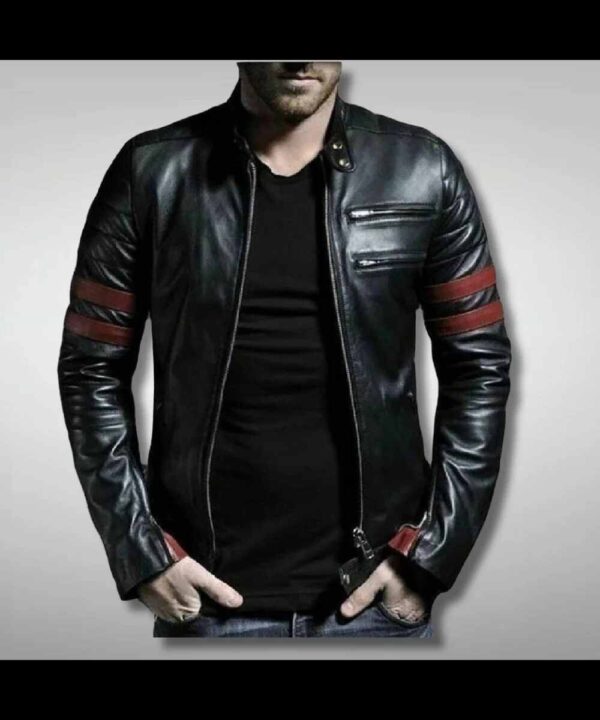 Red Strips Black Leather Motorcycle Jackets For Men