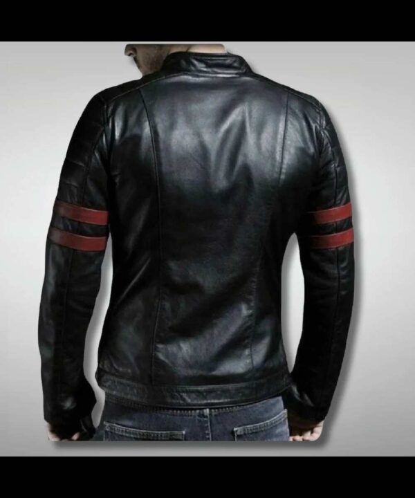 Red Strips Black Leather Motorcycle Jackets For Men