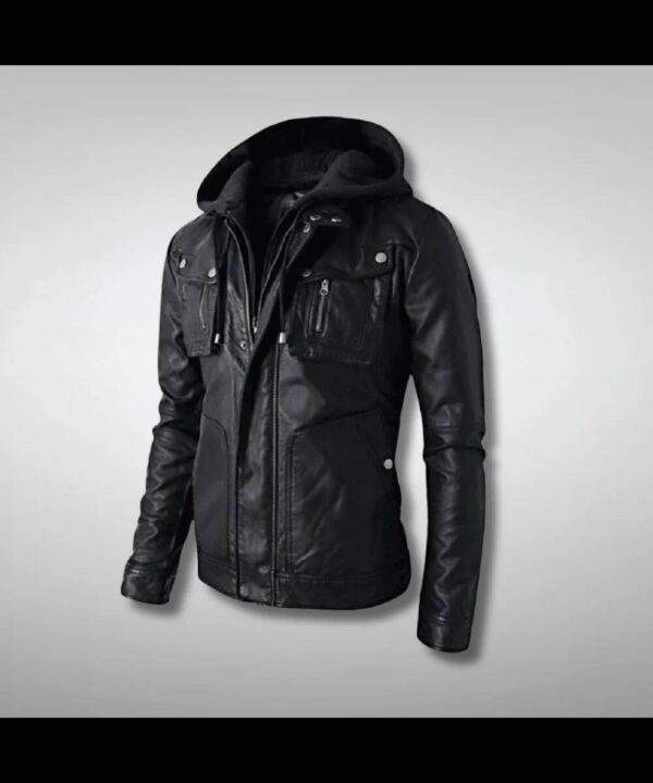 Men's Hooded Black Leather Moto Jacket