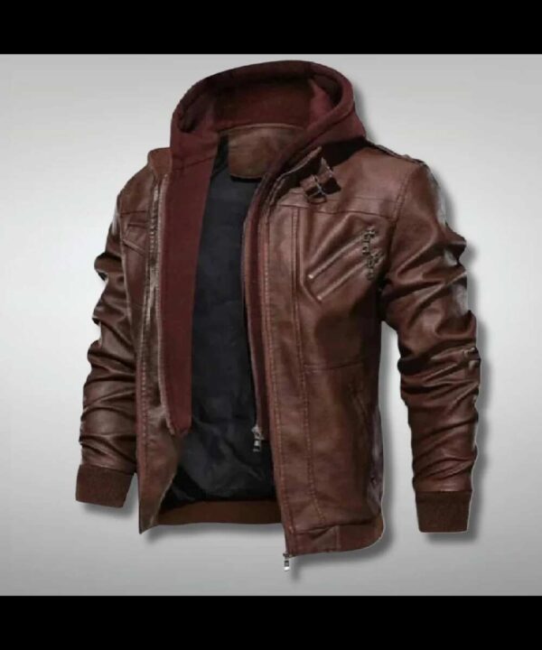 Men's Brown Biker Jacket with Removable Hood