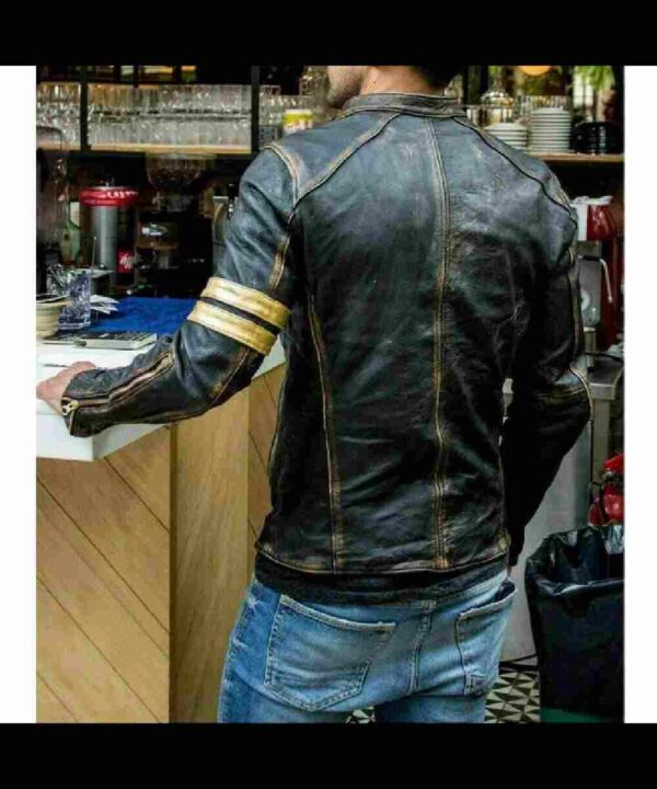 Men's Vintage Biker Yellow Striped Black Distressed Leather Jacket