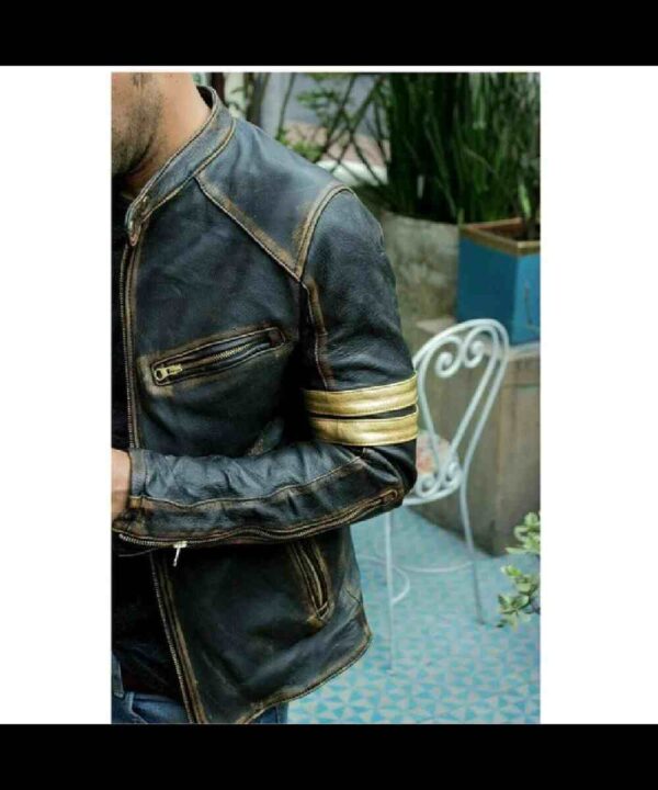 Men's Vintage Biker Yellow Striped Black Distressed Leather Jacket