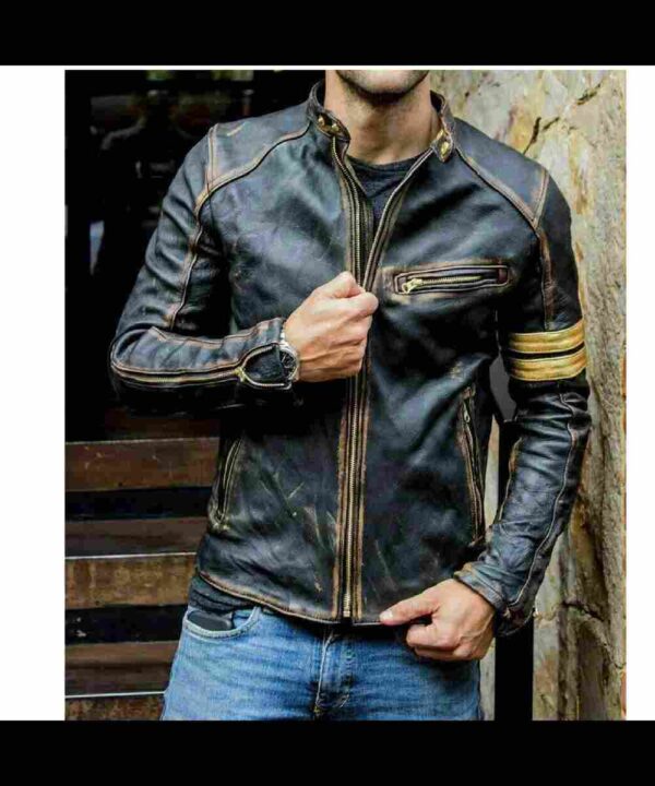 Men's Vintage Biker Yellow Striped Black Distressed Leather Jacket