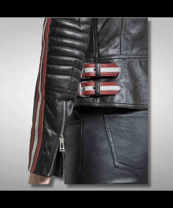 Women's Red And White Strips Quilted Black Motorcycle Leather Jacket