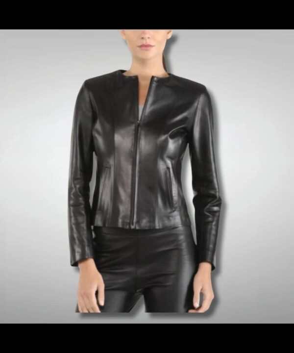 Women's Black Collarless Leather Motorcycle Jacket