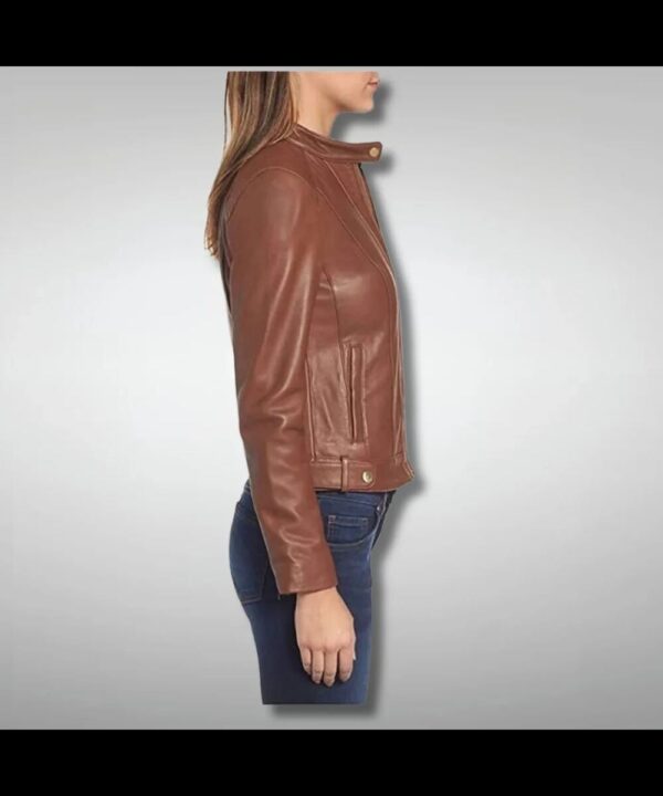 Brown Women's Slim Fit Quilted Leather Biker Jacket