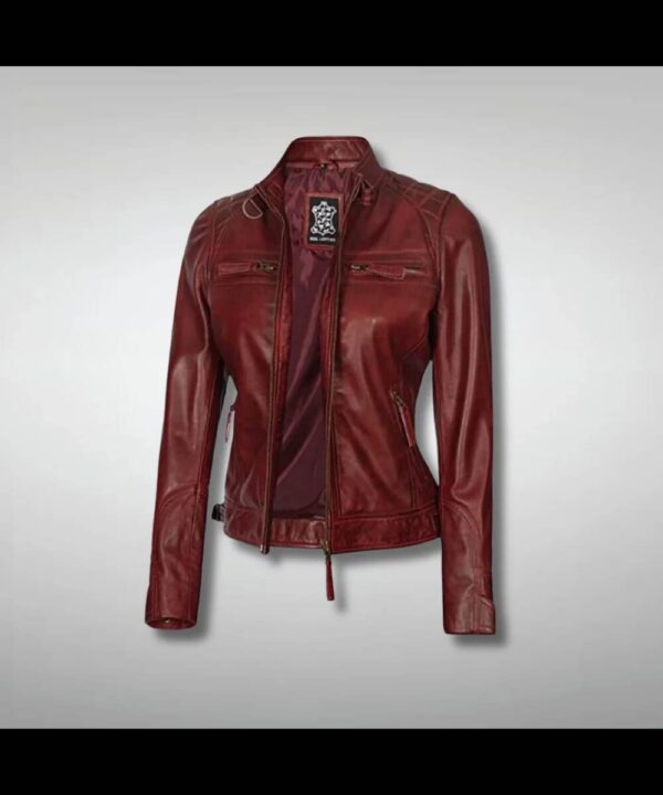 Women's Maroon Quilted Slim Fit Leather Motorcycle Jacket