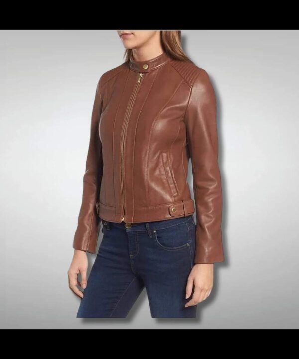 Brown Women's Slim Fit Quilted Leather Biker Jacket