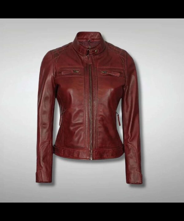 Women's Maroon Quilted Slim Fit Leather Motorcycle Jacket