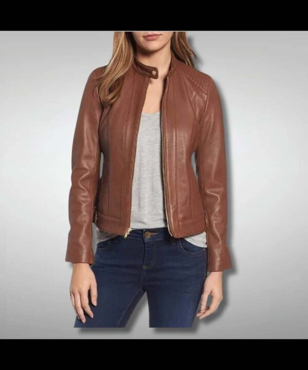 Brown Women's Slim Fit Quilted Leather Biker Jacket