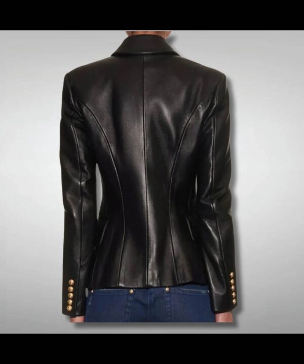 Women's Fashion Double Breasted Slim Fit Black Leather Blazer