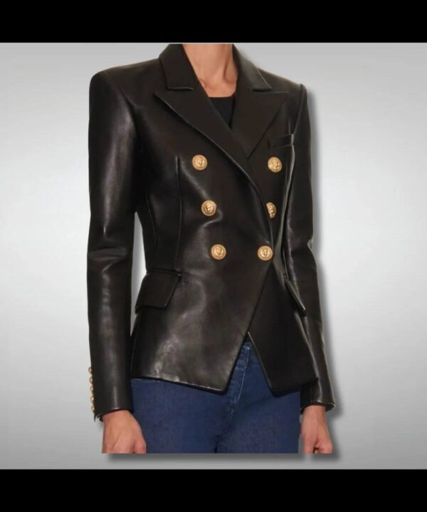 Women's Fashion Double Breasted Slim Fit Black Leather Blazer