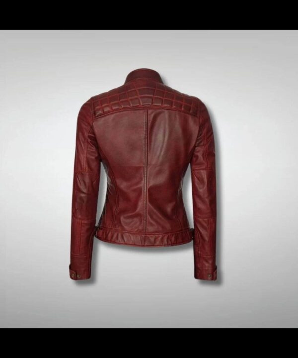 Women's Maroon Quilted Slim Fit Leather Motorcycle Jacket