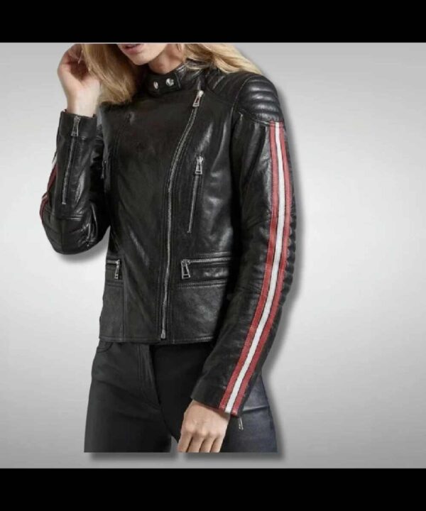 Women's Red And White Strips Quilted Black Motorcycle Leather Jacket