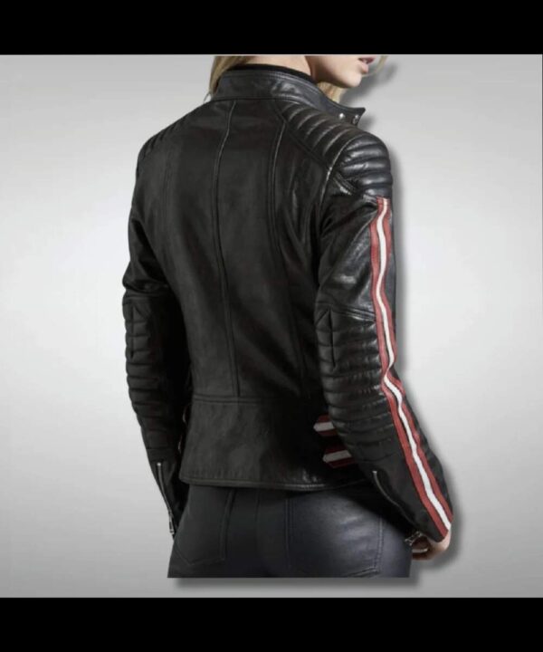 Women's Red And White Strips Quilted Black Motorcycle Leather Jacket