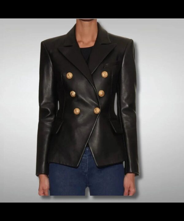 Women's Fashion Double Breasted Slim Fit Black Leather Blazer