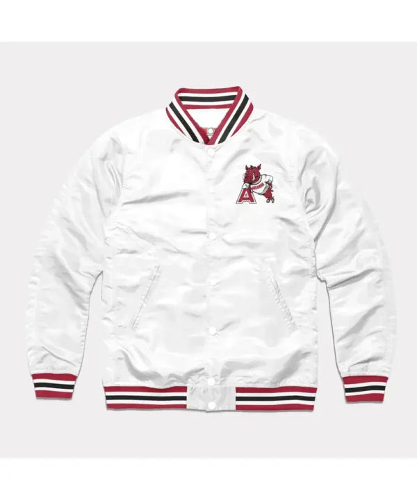 Arkansas Leaning Hog White Varsity Satin Jacket