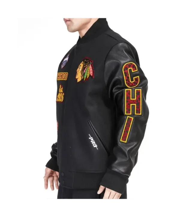 Chicago Blackhawks Animal Patches Black Varsity Jacket