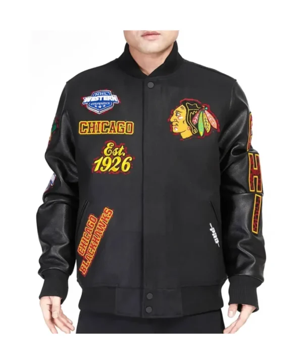 Chicago Blackhawks Animal Patches Black Varsity Jacket