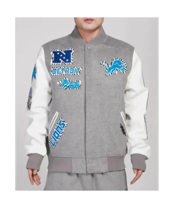 Detroit Lions Animal Patches Gray Varsity Jacket