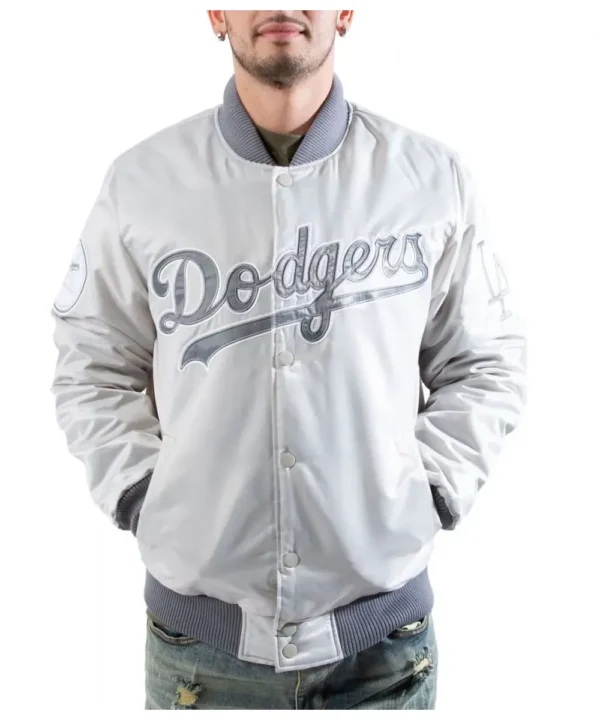 Bomber LA Dodgers Silver Satin Jacket