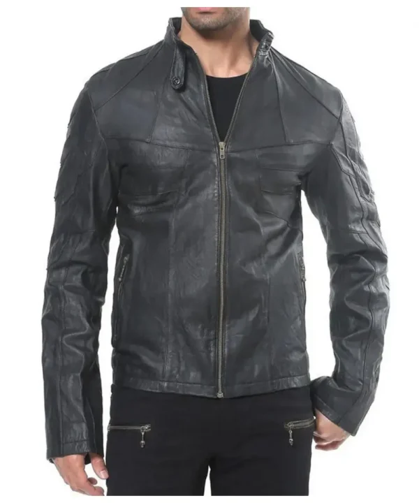 Men’s Front Pockets Designer Studded Lambskin Black Leather Jacket