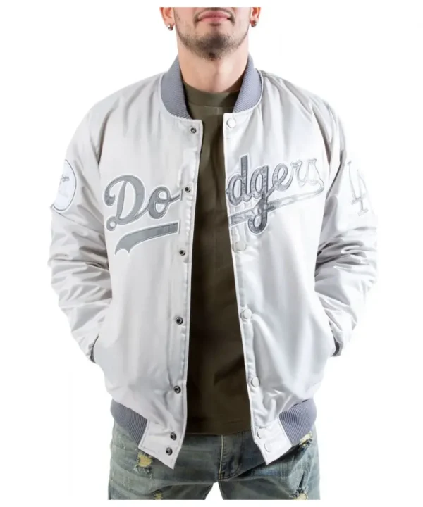 Bomber LA Dodgers Silver Satin Jacket