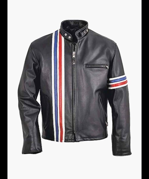 Mens Striped Biker Leather Jacket