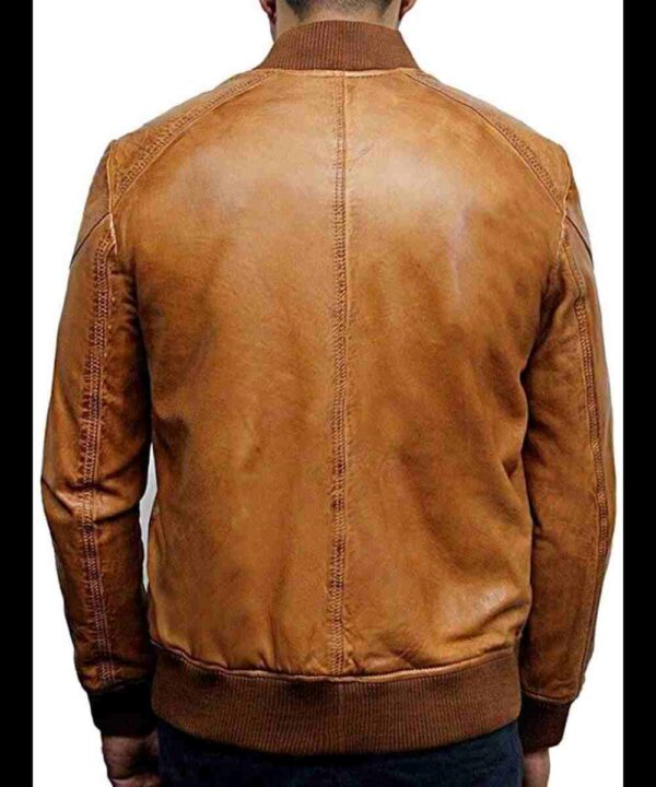 Mens Waxed Sheepskin Leather Bomber Jacket Tan / Brown