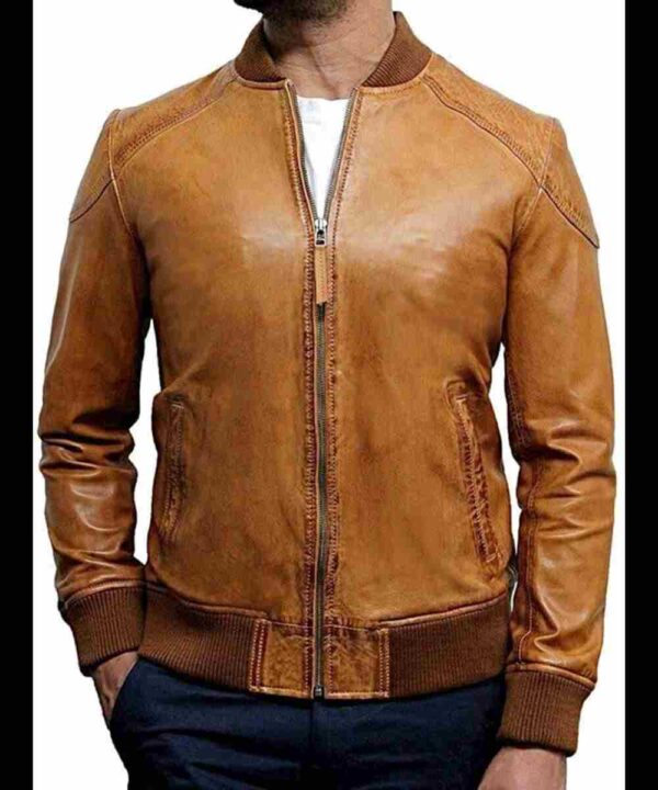 Mens Waxed Sheepskin Leather Bomber Jacket Tan / Brown